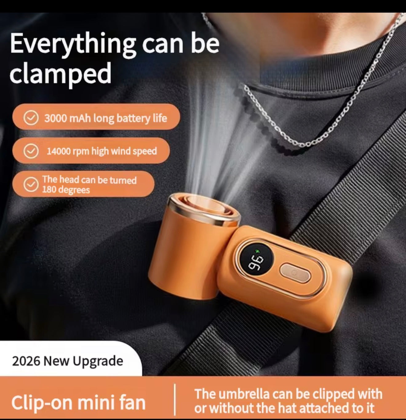 Portable Handheld Fan with Clip Umbrella Holder Function - Compact Personal Cooling Fan for On-the-Go Relief Silicone anti-slip