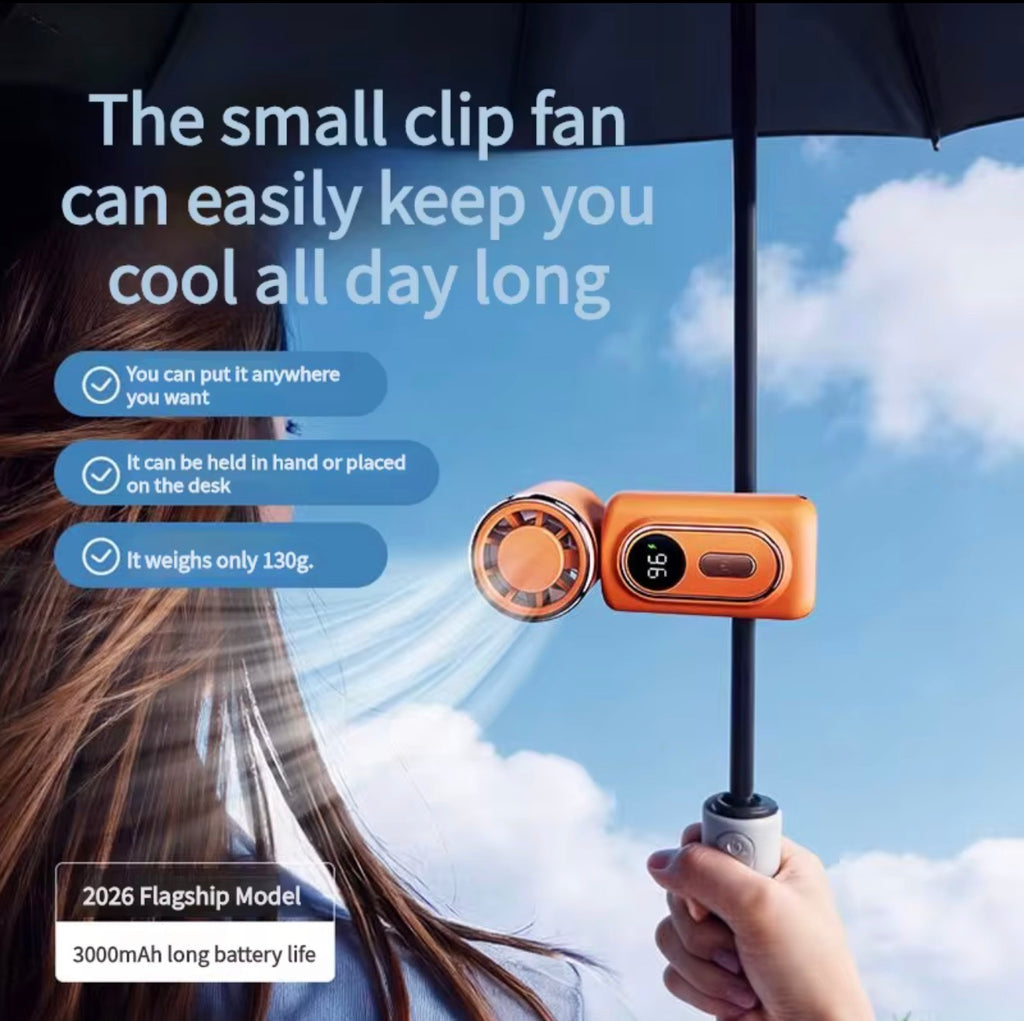 Portable Handheld Fan with Clip Umbrella Holder Function - Compact Personal Cooling Fan for On-the-Go Relief Silicone anti-slip