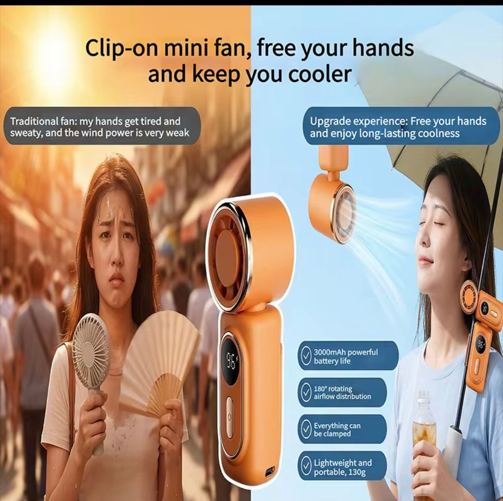 Portable Handheld Fan with Clip Umbrella Holder Function - Compact Personal Cooling Fan for On-the-Go Relief Silicone anti-slip