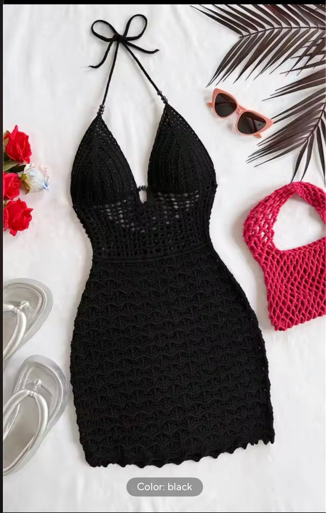 Women's White Crochet Dress Halter Neck Knitted Beach Dress Summer Vacation Short Mini Dress with Bag