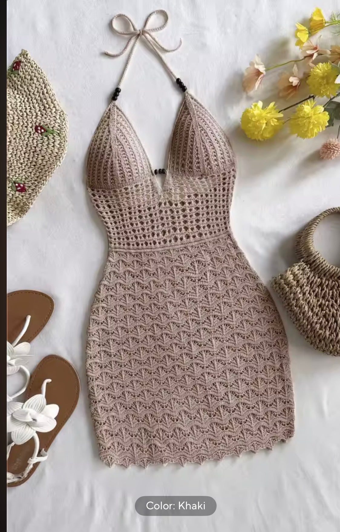 Women's White Crochet Dress Halter Neck Knitted Beach Dress Summer Vacation Short Mini Dress with Bag