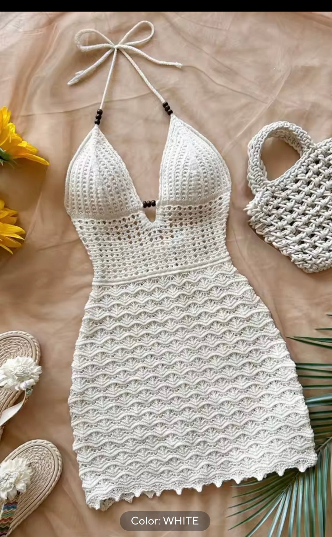 Women's White Crochet Dress Halter Neck Knitted Beach Dress Summer Vacation Short Mini Dress with Bag