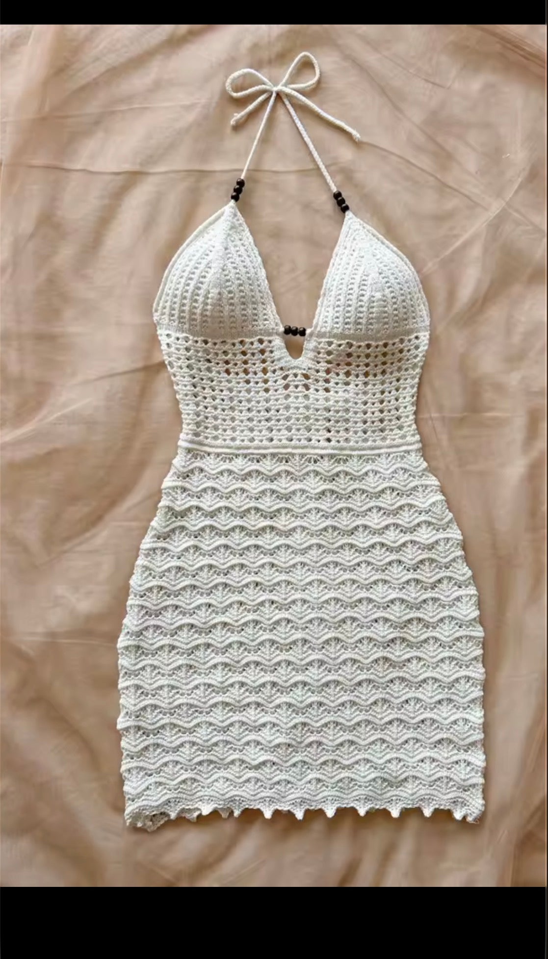 Women's White Crochet Dress Halter Neck Knitted Beach Dress Summer Vacation Short Mini Dress with Bag