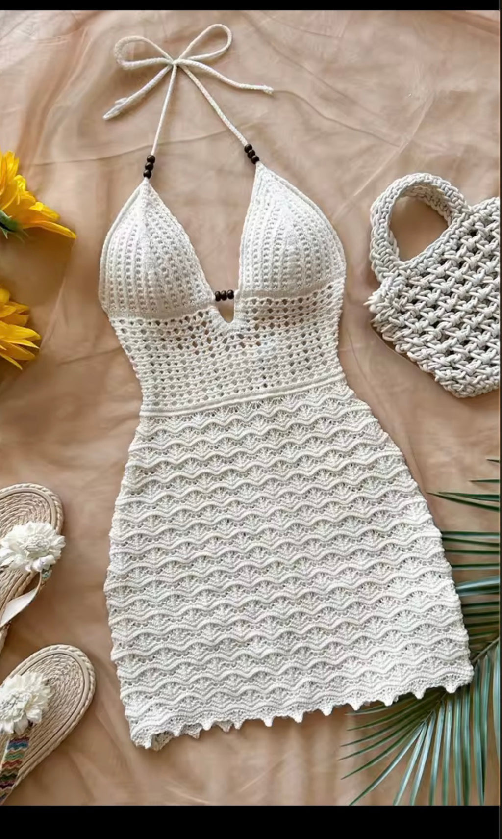 Women's White Crochet Dress Halter Neck Knitted Beach Dress Summer Vacation Short Mini Dress with Bag