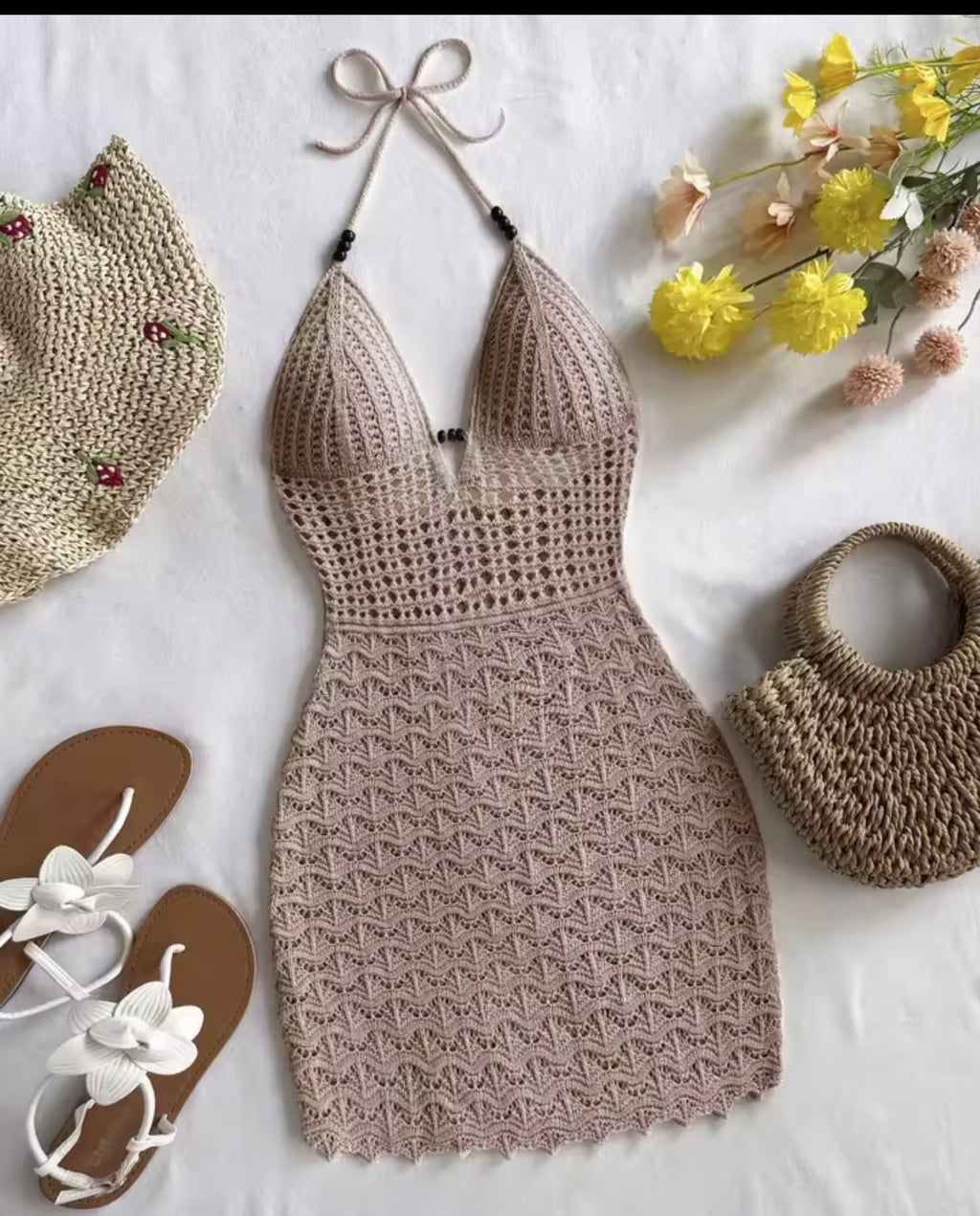 Women's White Crochet Dress Halter Neck Knitted Beach Dress Summer Vacation Short Mini Dress with Bag